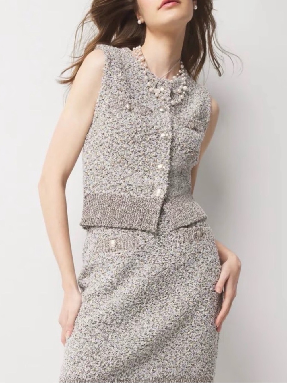 White House Black Market Sleeveless Tweed Skirt Set in Light Gray and Cream